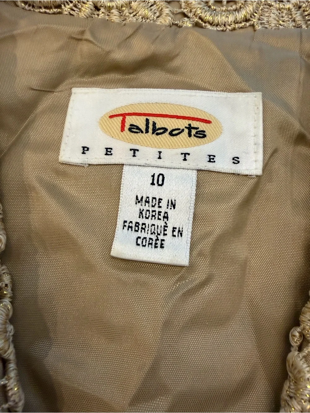 Talbots‎ Gold Metallic Lace Blazer Holiday Jacket Fully Lined Taupe Tan 10P VTG